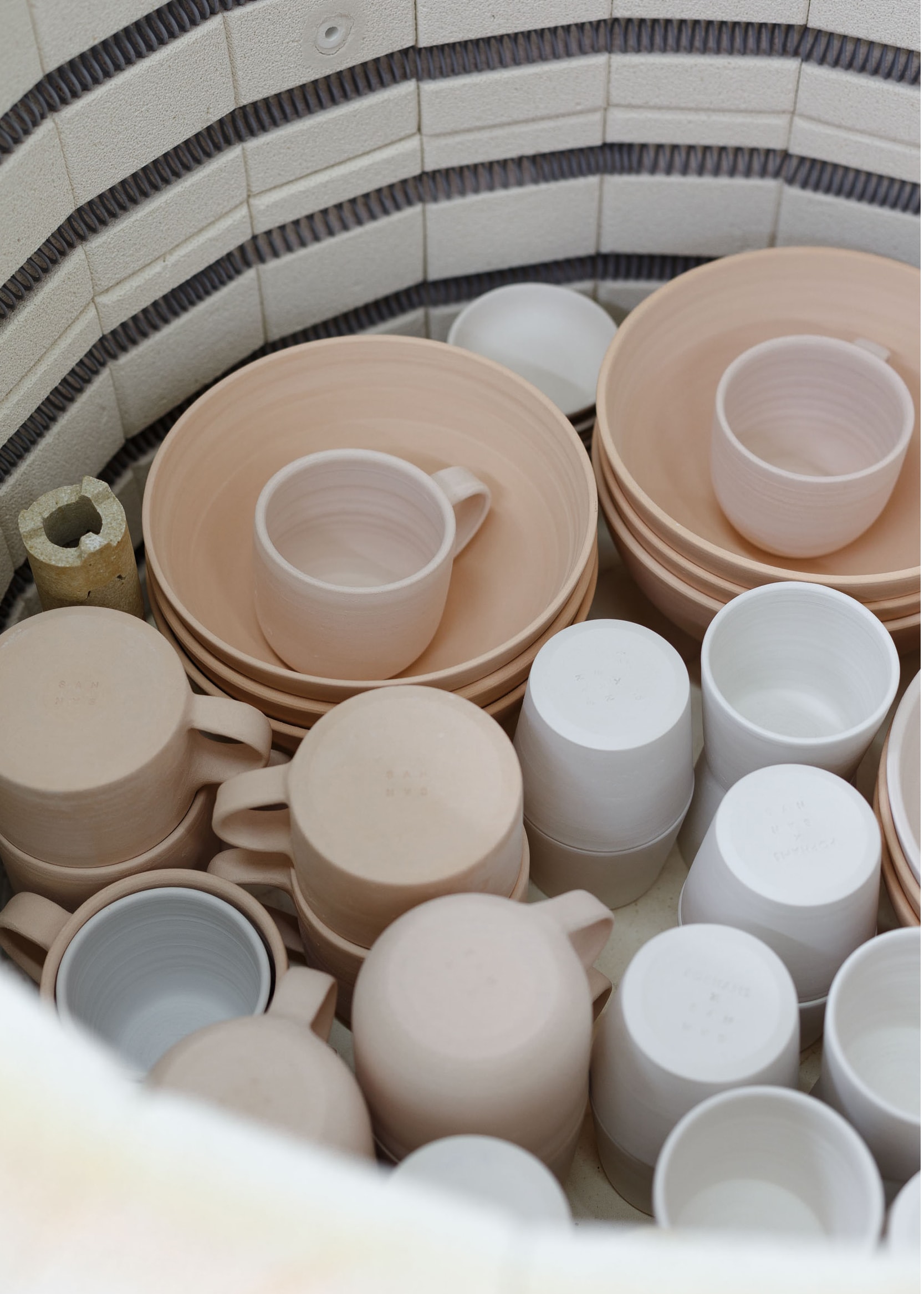 Bisque pots in a kiln